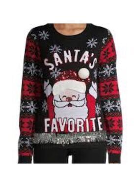 No Boundaries Festive “Santa’s Favorite”  Black & Red Women's Sweater Tinsel XXL